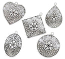 5 Antique Silver Filigree Charm Pendants, 1 of each style, mixed shapes, chs2997