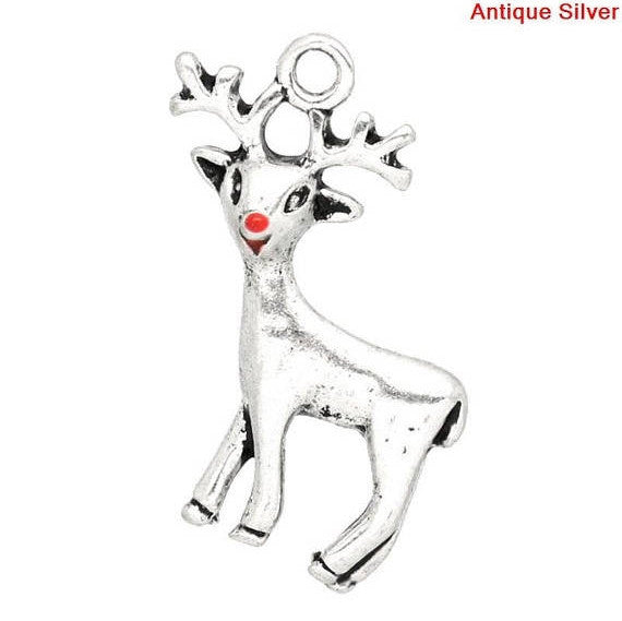 4 Silver Pewter CHRISTMAS REINDEER Charm Pendants, Rudolph with red enamel nose chs0659