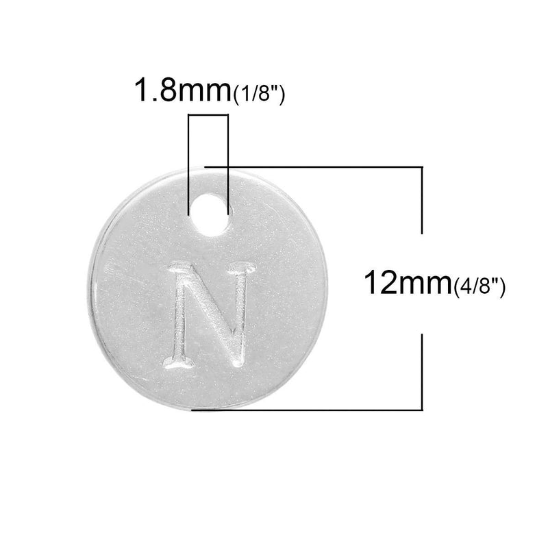 10 Letter N Alphabet Charms Silver Plated Monogram, double sided round disc letter charms, dot charms, 12mm, (1/2") chs3001