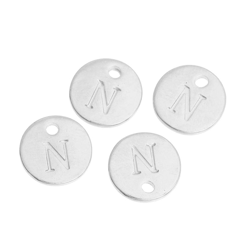 10 Letter N Alphabet Charms Silver Plated Monogram, double sided round disc letter charms, dot charms, 12mm, (1/2") chs3001