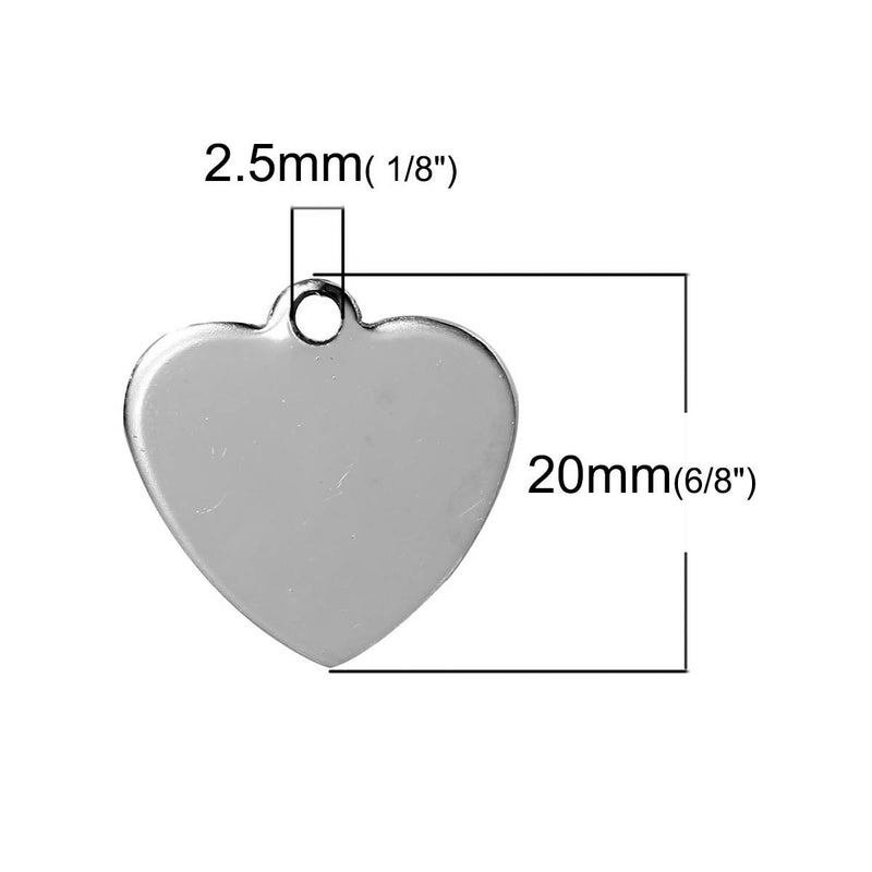 5 Silver Stainless Steel Metal Stamping Blanks Charms (20mm x 20mm, 3/4"), HEART Tags, 17 gauge, msb0443