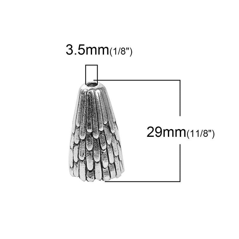 2 Large Bead Cones, FEATHER Pattern, Fits up to 12mm or 14mm beads, 29x18mm (1-1/8"x3/4")  fin0682