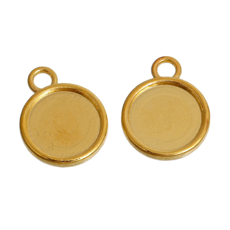 50 Gold Round Circle CABOCHON SETTING Bezel Frame Charm Pendants (fits 12mm cabs), Double sided can fit 2 cabochons, chs3006b