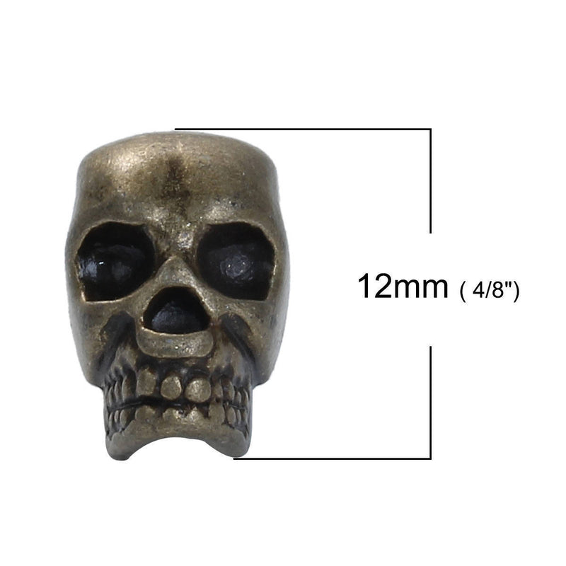 30 Bronze Metal SKULL Beads, Large Hole, drilled top to bottom, great for leather cord, 12mm, bme0409b