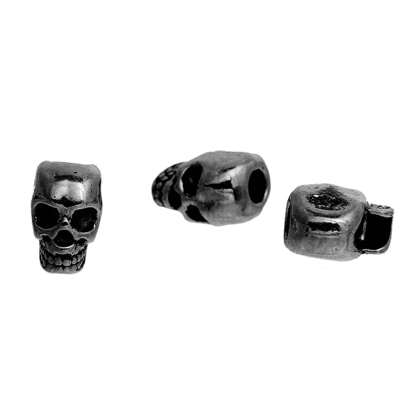 10 Gunmetal Metal SKULL Beads, Large Hole, drilled top to bottom, great for leather cord, 12mm, bme0410a