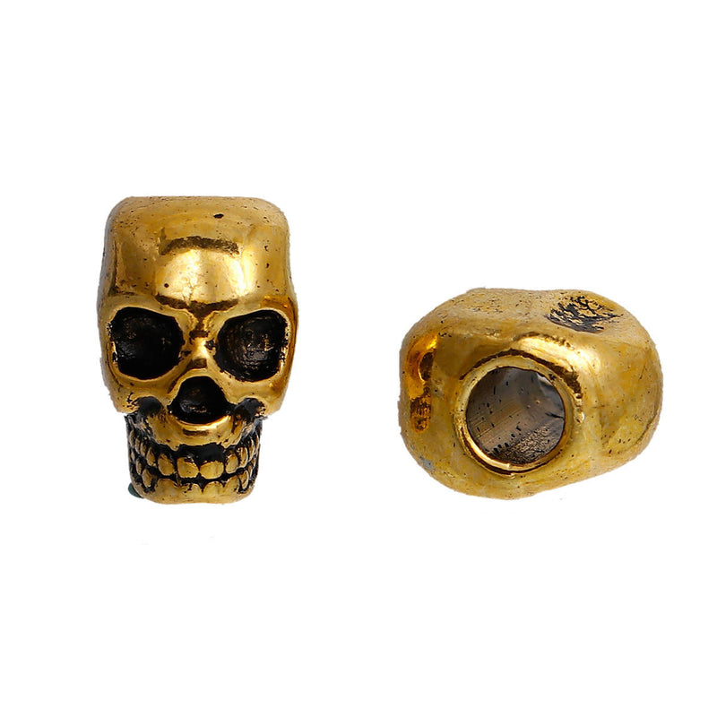 10 Gold Metal SKULL Beads, Large Hole, drilled top to bottom, great for leather cord, 12mm, bme0411a