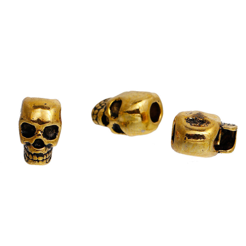 30 Gold Metal SKULL Beads, Large Hole, drilled top to bottom, great for leather cord, 12mm, bme0411b