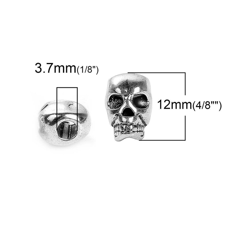 30 Silver Metal SKULL Beads, Large Hole, drilled top to bottom, great for leather cord, 12mm, bme0412b