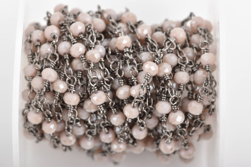 5 yards BLUSH Crystal Rosary Bead Chain, gunmetal double wrapped wire, 4mm faceted rondelle glass beads, fch0627b