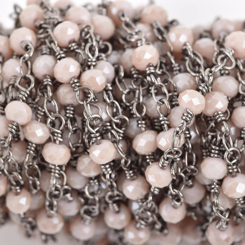 5 yards BLUSH Crystal Rosary Bead Chain, gunmetal double wrapped wire, 4mm faceted rondelle glass beads, fch0627b