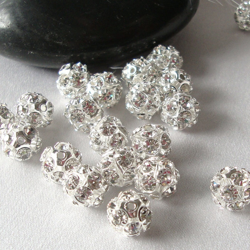 10 pc Silver Plated Rhinestone Crystal Disco Ball Spacer Beads Fireball 6mm   bme0011
