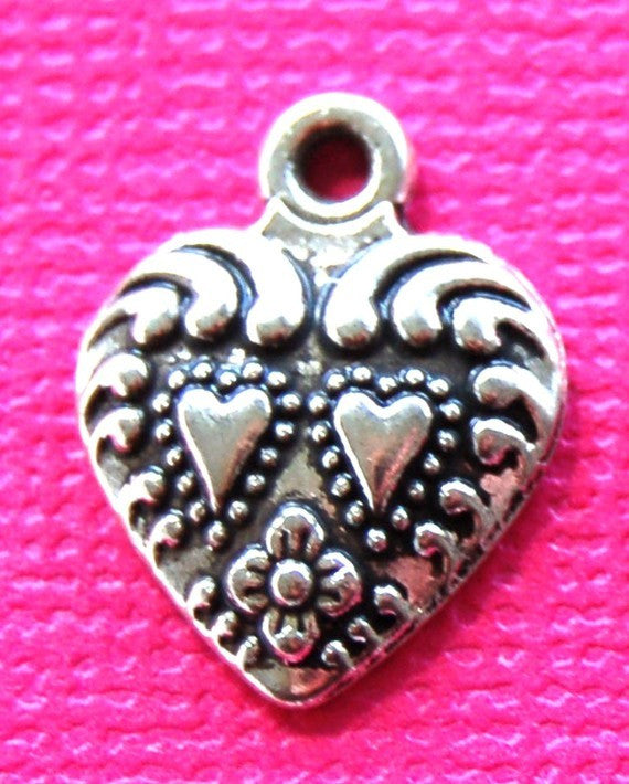 HEART silver charms or pendants, beautiful design heart charms, craft charms, bulk, 12 charms, chs0094