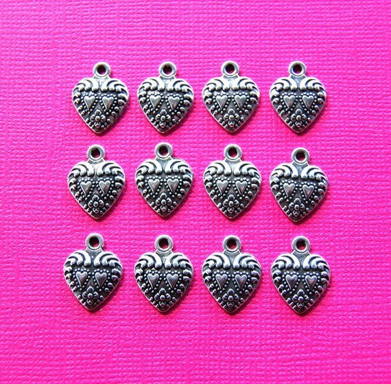 HEART silver charms or pendants, beautiful design heart charms, craft charms, bulk, 12 charms, chs0094