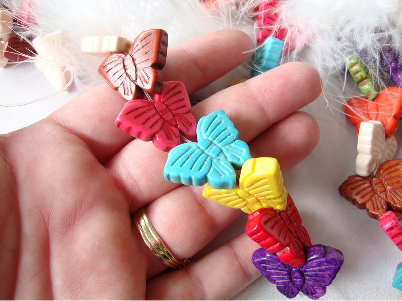 10 Howlite Large Carved BUTTERFLY Stone Beads in Mixed Bright Colors  how0339