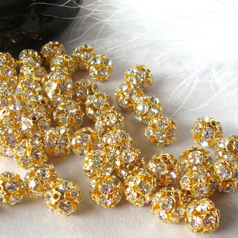 10 pc Gold Plated Crystal Rhinestone Disco Ball Spacer Beads  8mm Fireball  bme0066