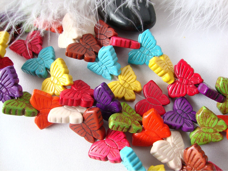 10 Howlite Large Carved BUTTERFLY Stone Beads in Mixed Bright Colors  how0339