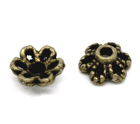Tiny Antique Bronze Flower Bead Caps Findings . Fit 8-12mm Bead . 50 pieces . fin0105a
