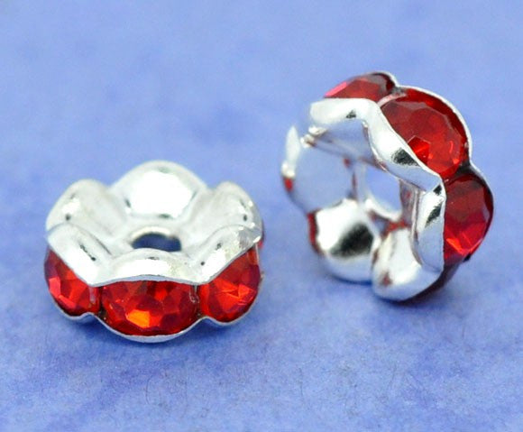 8mm RED LIGHT SIAM Rhinestone Crystal Spacer Rondelle Beads . 10 pieces . Scalloped Edge . bme0211