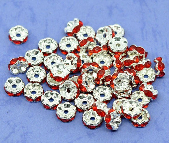 8mm RED LIGHT SIAM Rhinestone Crystal Spacer Rondelle Beads . 10 pieces . Scalloped Edge . bme0211