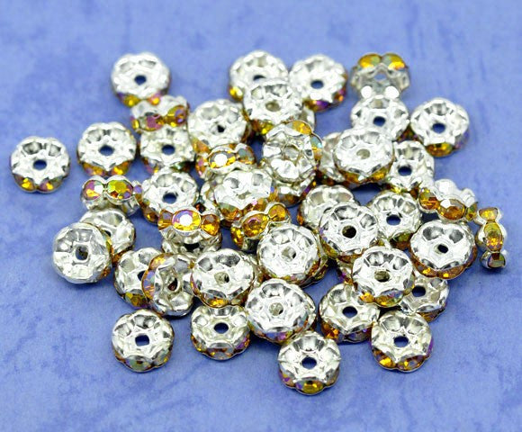 8mm AMBER TOPAZ AB Rhinestone Crystal Spacer Rondelle Beads . 10 pieces . Scalloped Edge . bme0210