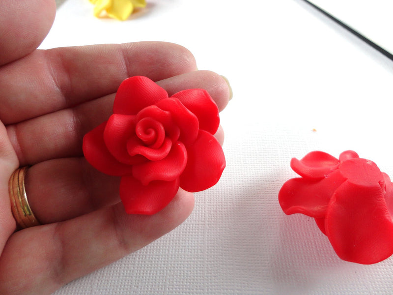 2 Large SCARLET RED Polymer Clay Rose Beads  pol0018