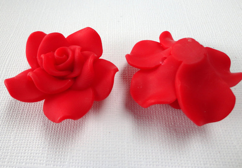 2 Large SCARLET RED Polymer Clay Rose Beads  pol0018