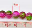 PINK and GREEN Crackle Glass Round Beads 8mm, 32 inch strand . about 105 beads  . bgl0324