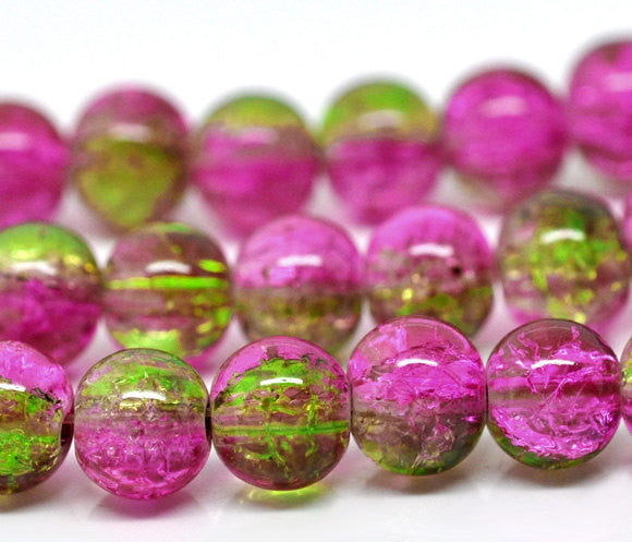 PINK and GREEN Crackle Glass Round Beads 8mm, 32 inch strand . about 105 beads  . bgl0324