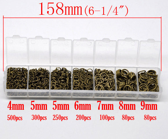 1 Box Mixed Antique Bronze Metal Open Jump Rings 4mm-9mm . 1510 PCs Assorted with Storage Box  jum0084