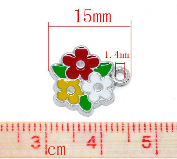 On Sale  4 Red, White and Yellow FLOWER Enamel Charms che0410