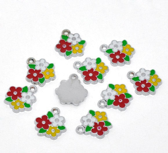 On Sale  4 Red, White and Yellow FLOWER Enamel Charms che0410