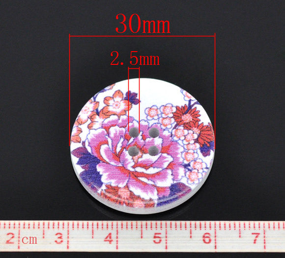 50 Large White Painted 4-Hole WOOD BUTTONS  30mm Scrapbooking . Beading . Sewing, mixed designs, but0240