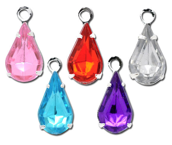 10 Silver Plated Rhinestone Faceted Acrylic Teardrop Charm Pendants  (2 of each color)  chs0338