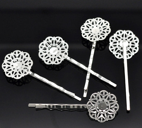 Silver Plated Filigree Flower Bobby Pins Hair Clips . 10 pieces . fin0258