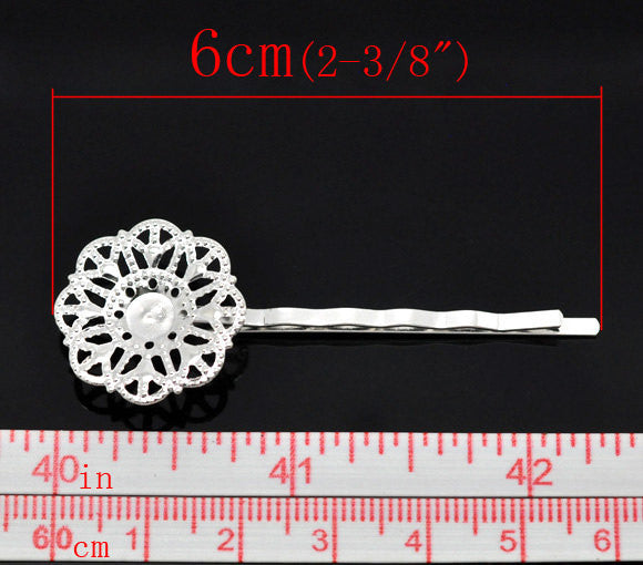 Silver Plated Filigree Flower Bobby Pins Hair Clips . 10 pieces . fin0258