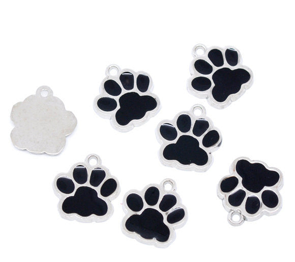 4 Silver Pewter and Enamel Black PAW PRINT School Mascot Charms or Pendants che0016