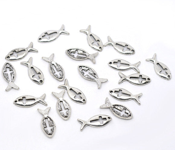 Silver Pewter ICHTHYS FISH . Charm Pendants, Jesus Fish with Cross, 6 pieces . chs0292