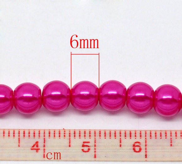 6mm HOT PINK FUCHSIA Round Glass Pearls . long 32" strand . about 145 beads bgl0021