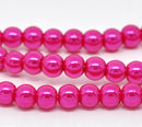 6mm HOT PINK FUCHSIA Round Glass Pearls . long 32" strand . about 145 beads bgl0021