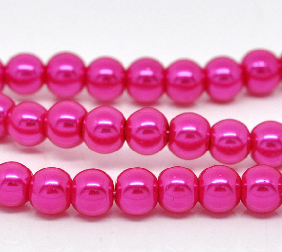 6mm HOT PINK FUCHSIA Round Glass Pearls . long 32" strand . about 145 beads bgl0021