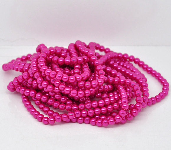 6mm HOT PINK FUCHSIA Round Glass Pearls . long 32" strand . about 145 beads bgl0021