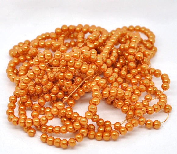 6mm PUMPKIN ORANGE Round Glass Pearls . long 32" strand . about 145 beads  bgl0415