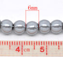 6mm SILVER GRAY Round Glass Pearls . long 32" strand . about 145 beads bgl0022