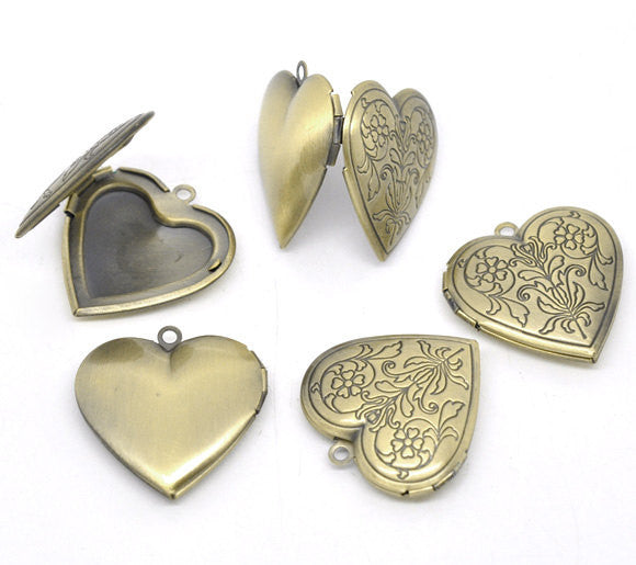 2 Antique Bronze Flower Pattern Heart Picture/ Photo Frame Locket Pendants 29x29mm (Fits 21x17mm) CHB0155