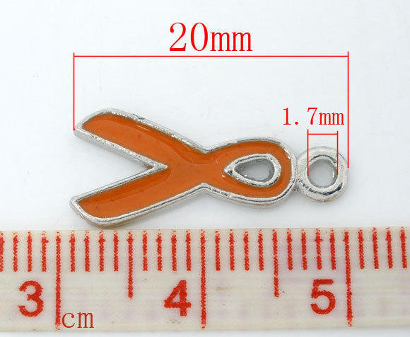 4 Silver and ORANGE Enamel Awareness Ribbon Charm Pendants. CHE0055