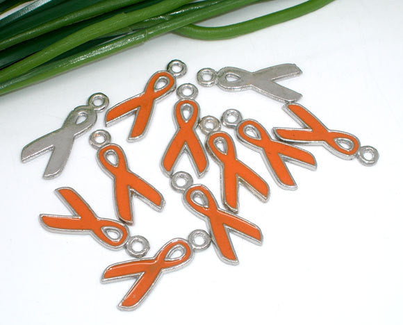 4 Silver and ORANGE Enamel Awareness Ribbon Charm Pendants. CHE0055