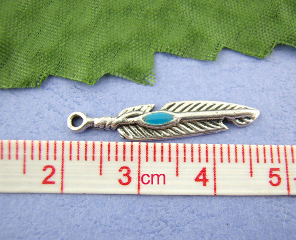 10 Turquoise FEATHER CHARMS . pewter with turquoise enamel accent che0232a