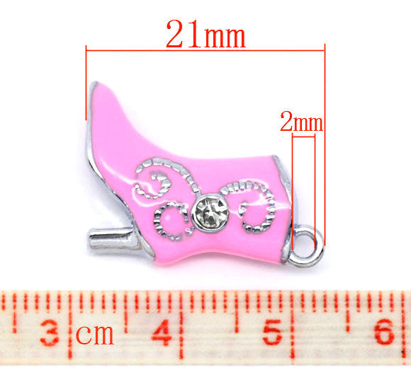 4 Mixed Silver Tone Rhinestone Enamel High-Heeled Boots Charm Pendants 21x15mm, 1 each of pink, white, red, black che0183