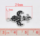 4  Fleur-De-Lis Charm Pendants, Silver Tone Metal with Black Rhinestone Crystals,  24x16mm, chs0249