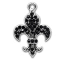 4  Fleur-De-Lis Charm Pendants, Silver Tone Metal with Black Rhinestone Crystals,  24x16mm, chs0249